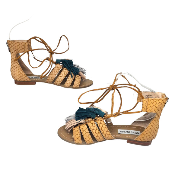 Steve Madden Sandals 5.5 Tan Blue Strappy Gladiator Tassel Boho Bohemian Ankle - Picture 2 of 10